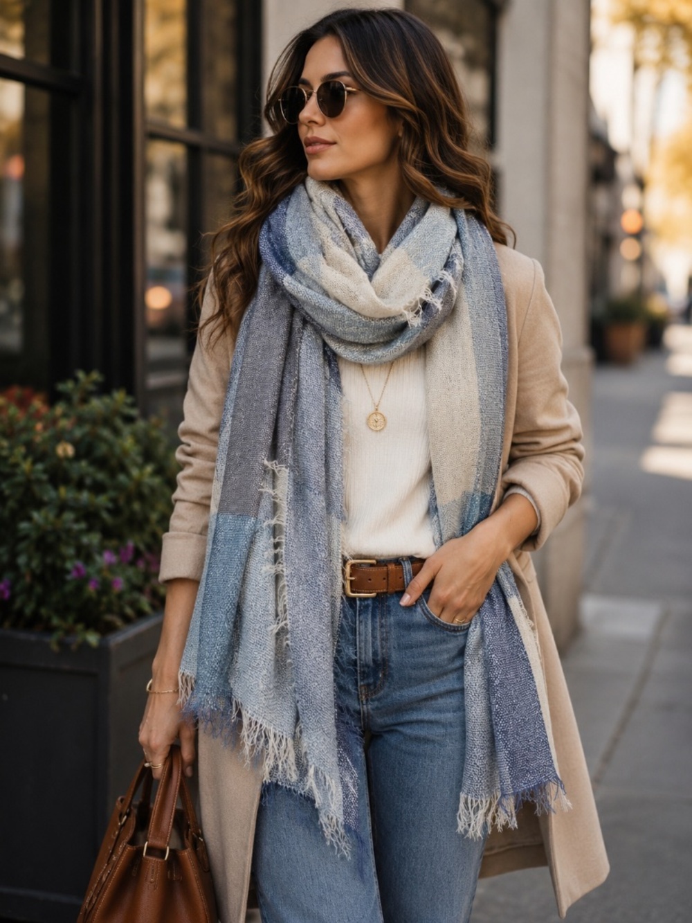 Soft Blue & Ivory Oversized Scarf – Lightweight Elegance